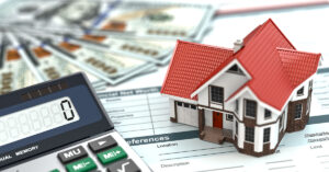 Mortgage calculator. House, noney and document. 3d; Mieten oder Kaufen