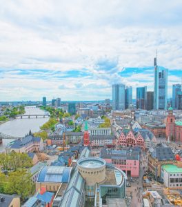 germany frankfurt view to skyline with floesserbruecke and main river in the foreground at twiligh 1