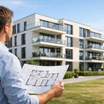 Mann mit Bauplan vor modernem Neubau-Mehrfamilienhaus, symbolisch für den Kauf einer Neubauimmobilie vom Bauträger. | Immobilienkauf