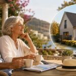 Älteres Paar sitzt mit Kaffee auf einer Terrasse am Meer und blickt in die Ferne, daneben ein eingeblendetes Haus als Symbol für den Immobilienverkauf vor dem Lebensabend im Ausland. I Lebensabend im Ausland