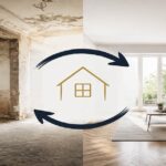 Symbolbild für Immobilienhandel: Eine renovierungsbedürftige Immobilie wird durch einen Umbauprozess in ein modernes Zuhause verwandelt, dargestellt durch zwei Gebäudeseiten mit Pfeilen und Haussymbol. I Immobilienhandel