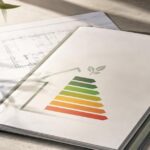 Bedarfsausweis mit farbiger Energieeffizienzskala von Grün bis Rot auf einem Tisch, daneben Baupläne, Zweige und ein Stift.