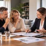 Paar im Beratungsgespräch mit einer Immobilienmaklerin über Unterlagen zum Immobilienverkauf.