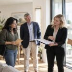 Eine Immobilienmaklerin erläutert einer Gruppe von Interessenten Unterlagen zu einem Bieterverfahren in einer hellen, modernen Wohnung.