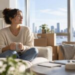Junge Frau sitzt allein mit einer Tasse Kaffee auf dem Sofa ihrer neuen Wohnung, umgeben von Umzugskartons, mit Blick auf die Skyline einer Großstadt. | Immobilienfinanzierung