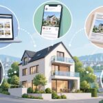 Illustration eines modernen Hauses, umgeben von verschiedenen Immobilien-Vermarktungskanälen wie Online-Portalen, Social Media, Zeitungsanzeigen und Makler-Schaufenstern. | Immobilienverkauf