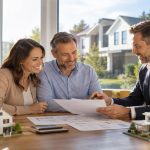 Paar bespricht mit einem Immobilienberater Finanzierungsunterlagen für den Hausverkauf und -kauf; Modellhäuser und Grundrisse veranschaulichen die Zwischenfinanzierung. | Zwischenfinanzierung